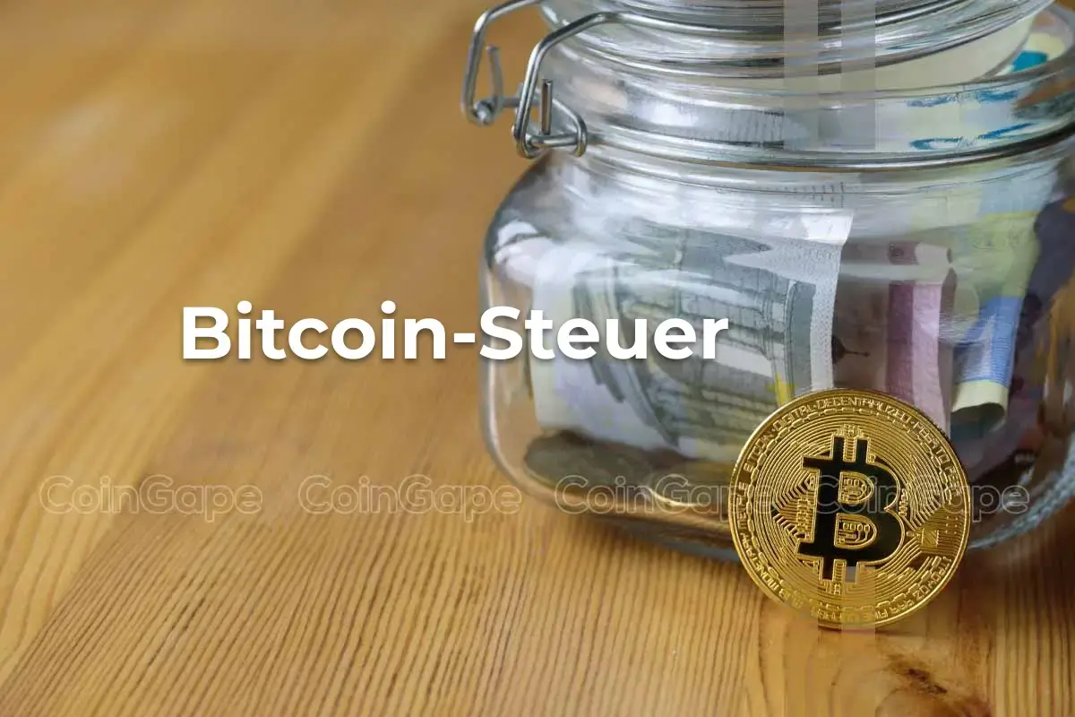 Bitcoin Steuern image with btc logo and a jar filled with money